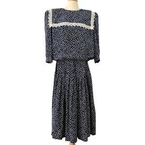80s Puritan Collar Dress Blouson Drop Waist 3/4 Sleeve Navy White Act II Size 16